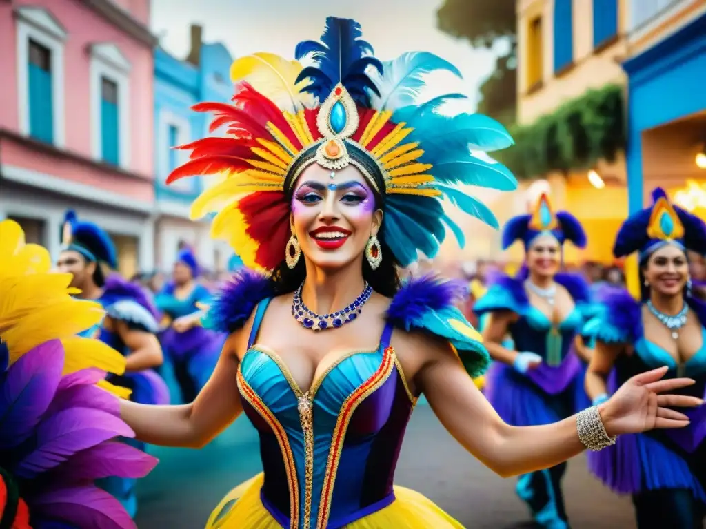 Una paleta de colores del Carnaval Uruguayo: danzarines vibrantes y arquitectura festiva en acuarela detallada