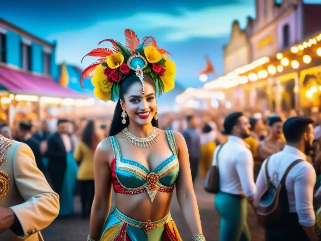 Paquetes de Carnaval Uruguayo 2021: Una animada escena de carnaval en Uruguay con bailarines, carrozas y luces nocturnas