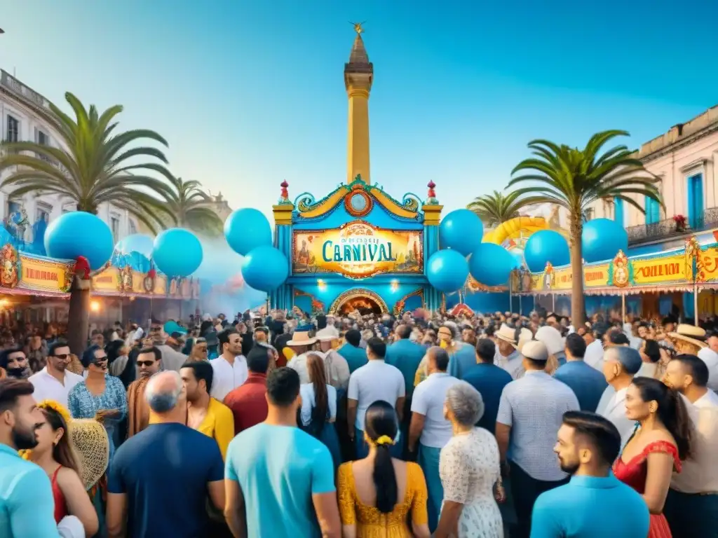 Paquetes de Carnaval Uruguayo 2021: Desfile colorido y animado con música, baile y multitudes celebrando bajo el cielo azul