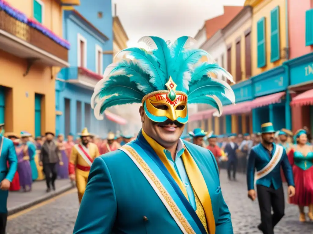 Paquetes turísticos Carnaval Uruguayo: Escena vibrante del Carnaval en Uruguay, con desfiles de carrozas y gente disfrutando la fiesta callejera