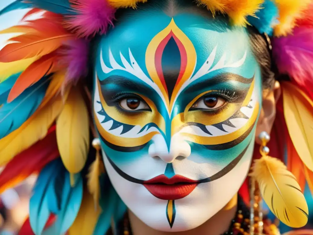 Un par de ojos cautivadores adornados con plumas y pintura facial, reflejando la energía del Carnaval Uruguayo