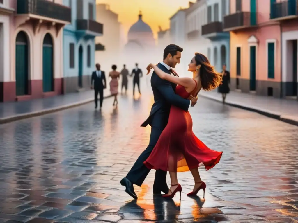 Una pareja bailando el tango en Montevideo al atardecer, con edificios coloniales iluminados y espectadores aplaudiendo