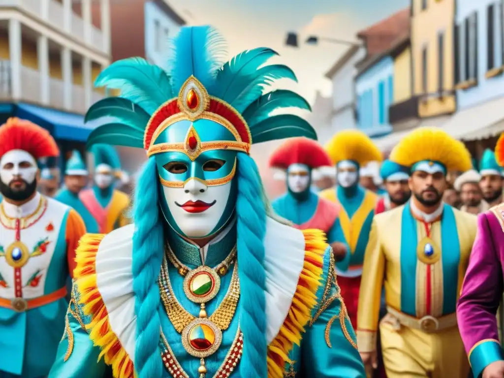 Increíble evolución de los parodistas en el Carnaval Uruguayo, reflejada en una colorida y detallada ilustración acuarela de un vibrante desfile