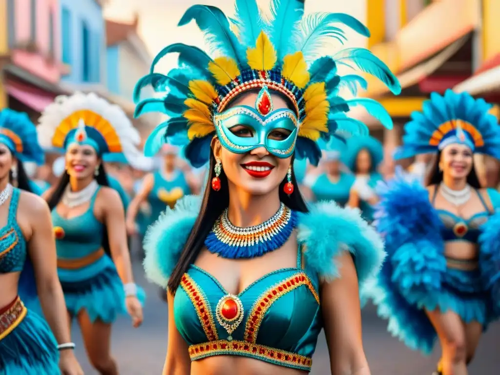 Participación de la mujer en el Carnaval Uruguayo: Mujeres con trajes tradicionales y máscaras coloridas bailan alegres en un desfile festivo