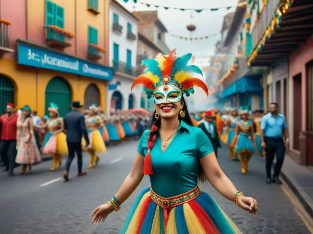 Participación de los niños en el Carnaval: escena colorida con baile, tambores y alegría en las calles de Carnaval Uruguayo