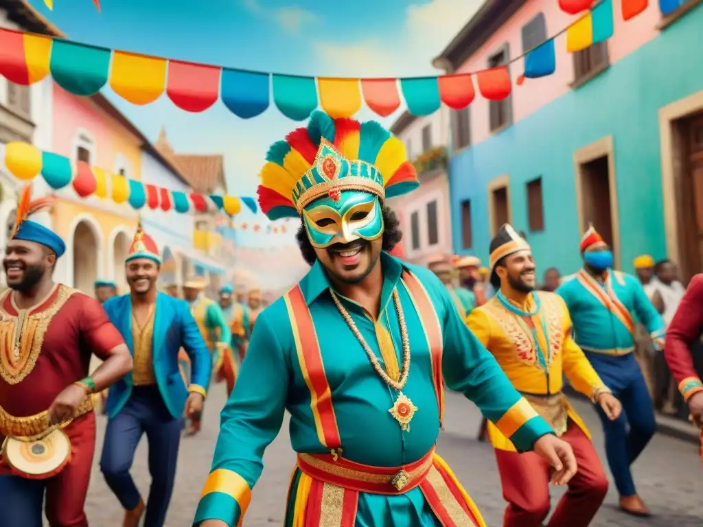 Participación de los niños en el Carnaval: una escena colorida y alegre de un desfile vibrante, con niños danzando en trajes y máscaras elaboradas