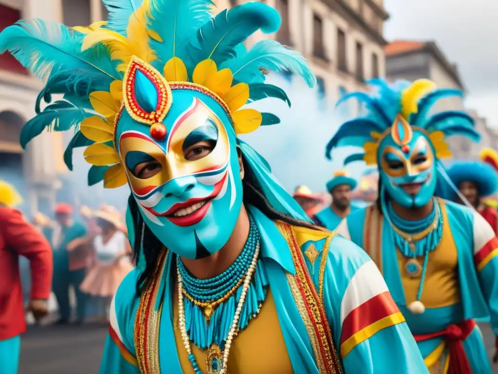 Participantes del animado desfile callejero del Carnaval Uruguayo, capturando la esencia festiva y colorida