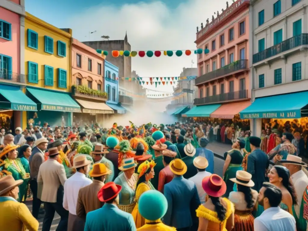 Patrocinio en el Carnaval Uruguayo: Ilustración acuarela detallada de vibrante calle montevideana durante celebración anual