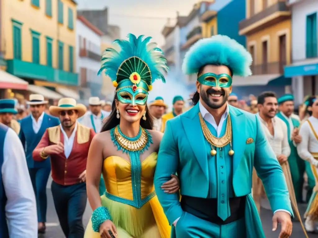 Patrocinios exitosos en Carnaval Uruguayo: ilustración acuarela de vibrante desfile con coloridos trajes y música festiva