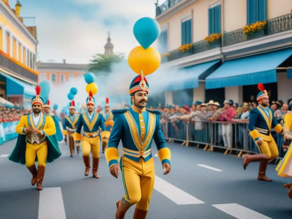 Patrocinios exitosos en Carnaval Uruguayo: Pintura acuarela vibrante de desfile colorido y festivo con carros alegóricos y bailarines