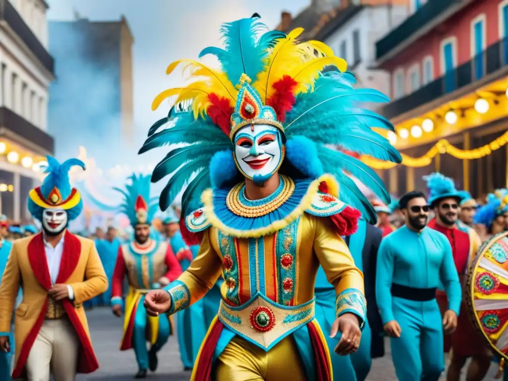 Personajes destacados del Carnaval Uruguayo desfilan con alegría y coloridas vestimentas entre espectadores maravillados