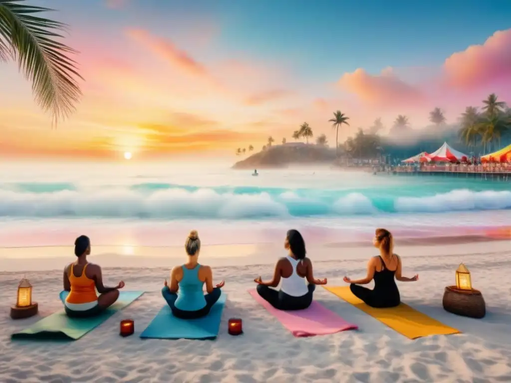 Retiro de yoga y meditación en la playa al atardecer Personas practicando yoga en la playa al atardecer con máscaras de carnaval