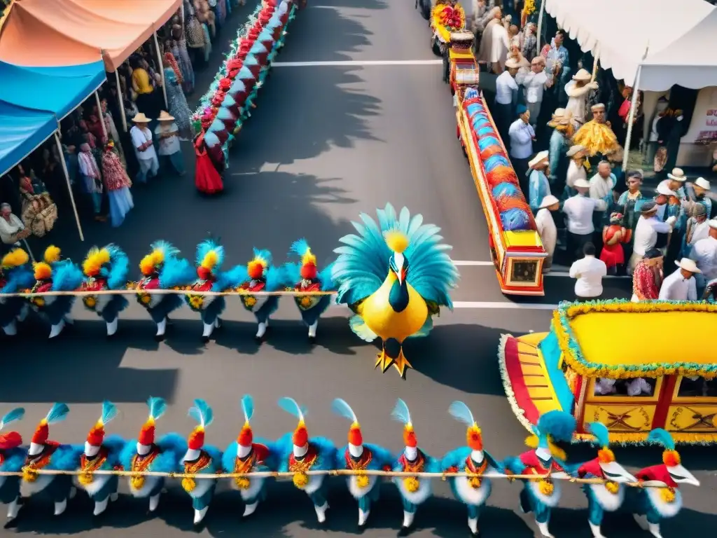 Perspectivas aéreas del Carnaval Uruguayo: Desfile colorido y festivo desde arriba, con carrozas, danzas y espectadores emocionados