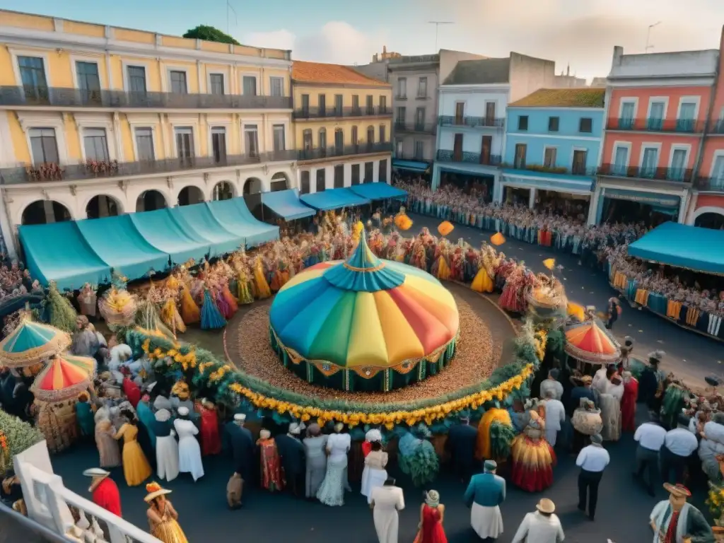 Perspectivas aéreas del vibrante Carnaval Uruguayo con deslumbrantes detalles de desfiles, músicos y espectadores emocionados