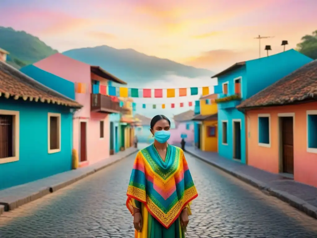 Un pintoresco pueblo con papel picado colorido ondeando suavemente en la brisa