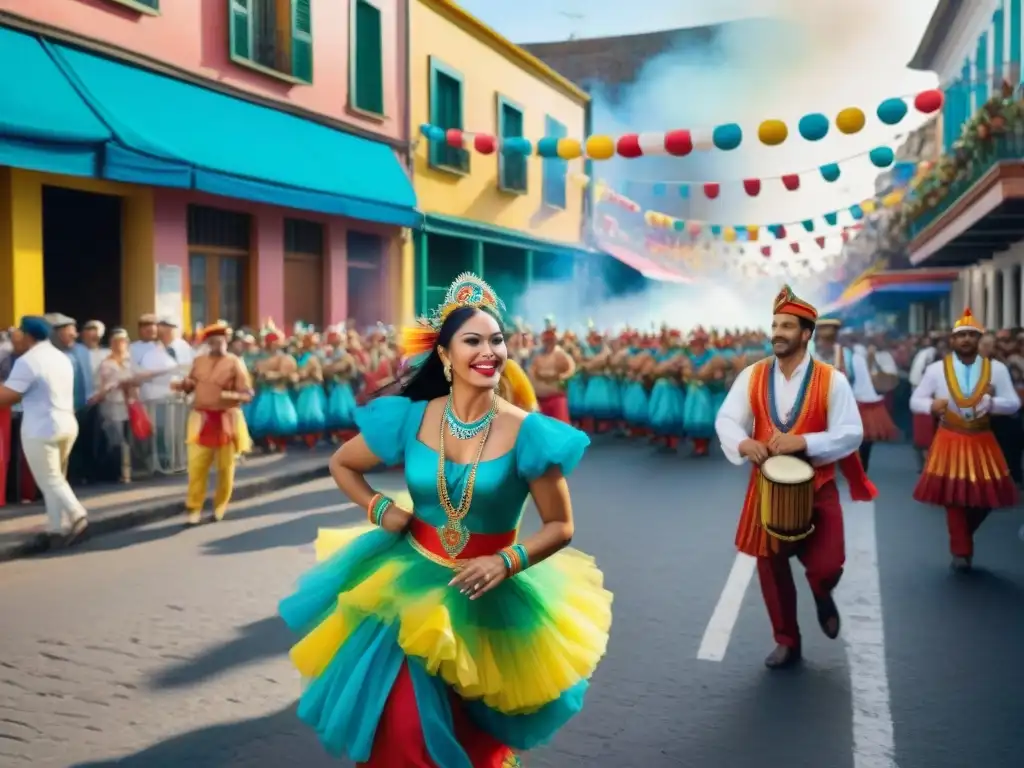 Una pintura acuarela detalla el bullicioso Carnaval Uruguayo, con danzantes y músicos en atuendos vibrantes