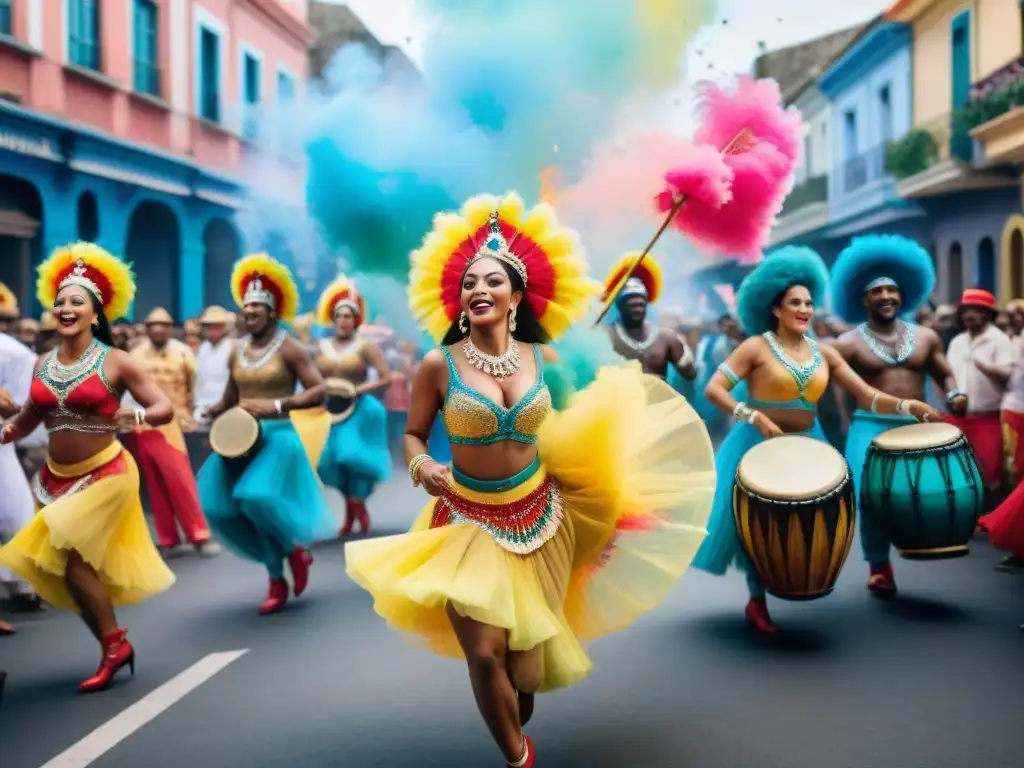 Una pintura acuarela detalla el carnaval de Uruguay con bailarines de candombe