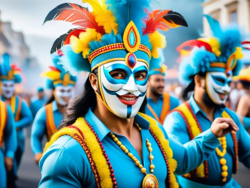 Pintura acuarela del Carnaval Uruguayo, detallando una animada fiesta con coloridos trajes y música alegre