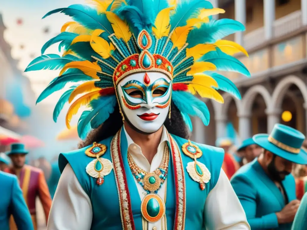 Una pintura acuarela detallada de accesorios coloridos del Carnaval Uruguayo