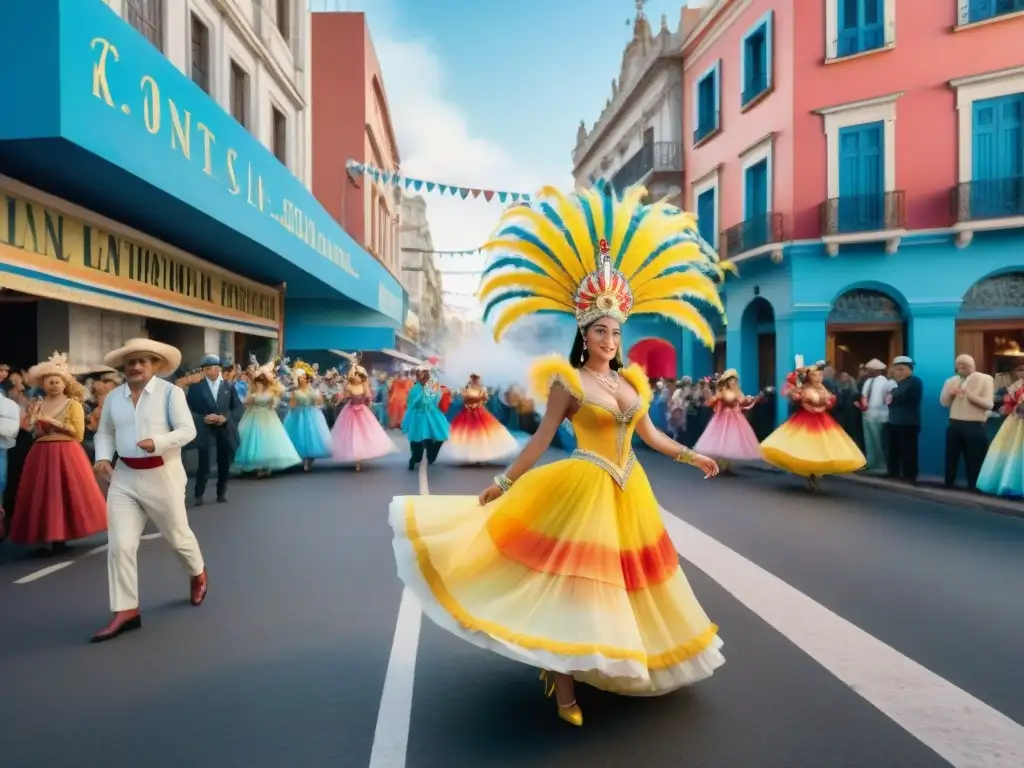 Una pintura acuarela detallada de la animada Campaña de marketing en Carnaval en Uruguay