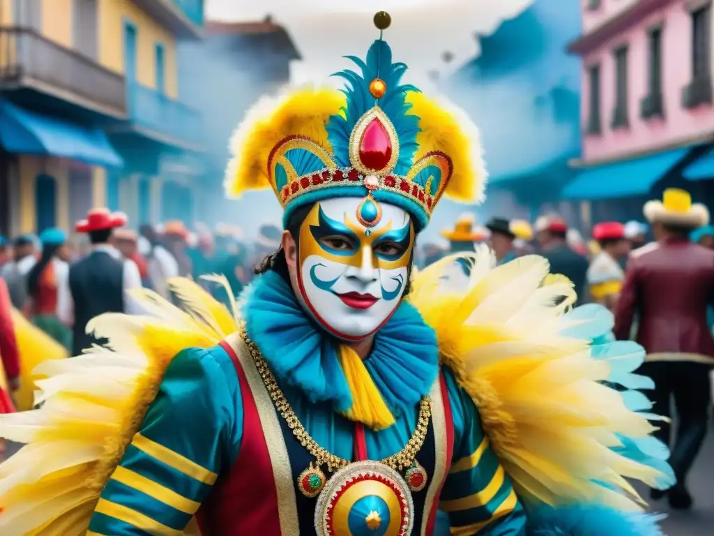 Una pintura acuarela detallada que retrata la bulliciosa escena callejera del Carnaval en Uruguay, reflejando la cultura festiva y colorida