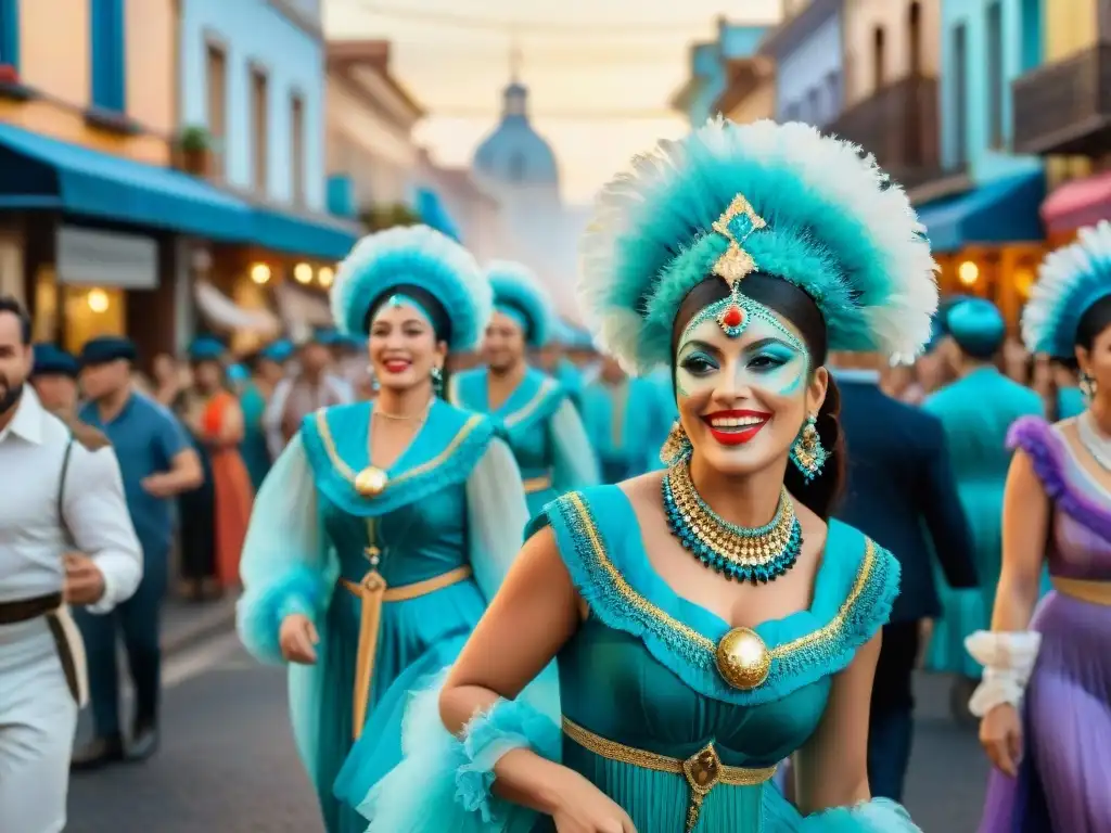 Una pintura acuarela detallada de un bullicioso y vibrante desfile durante el Carnaval Uruguayo