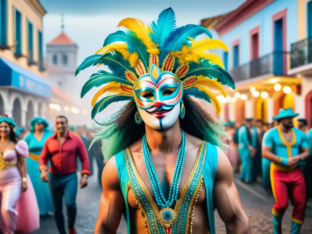 Una pintura acuarela detallada de un bullicioso Carnaval en Uruguay, con máscaras, trajes coloridos y bailarines al ritmo de la música tradicional