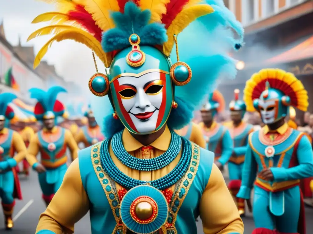 Una pintura acuarela detallada de un desfile colorido en el carnaval, con robots aprendiendo a bailar candombe entre bailarines y carrozas vibrantes