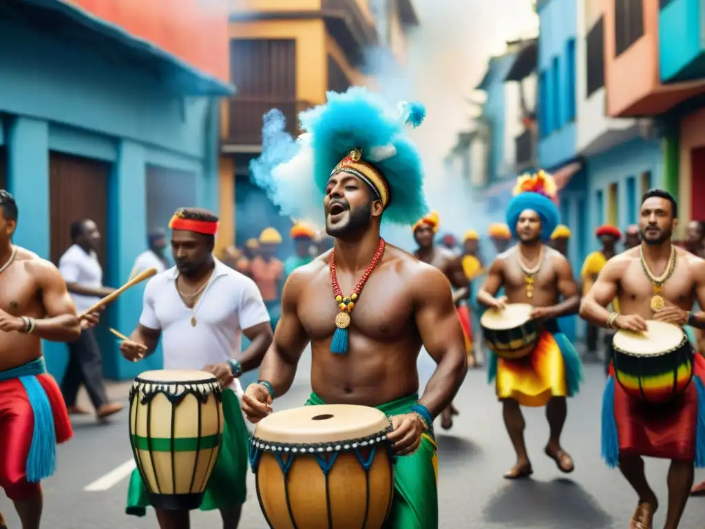 Una pintura de acuarela detallada con músicos tocando ritmos tradicionales de Candombe con instrumentos raros en un desfile callejero vibrante