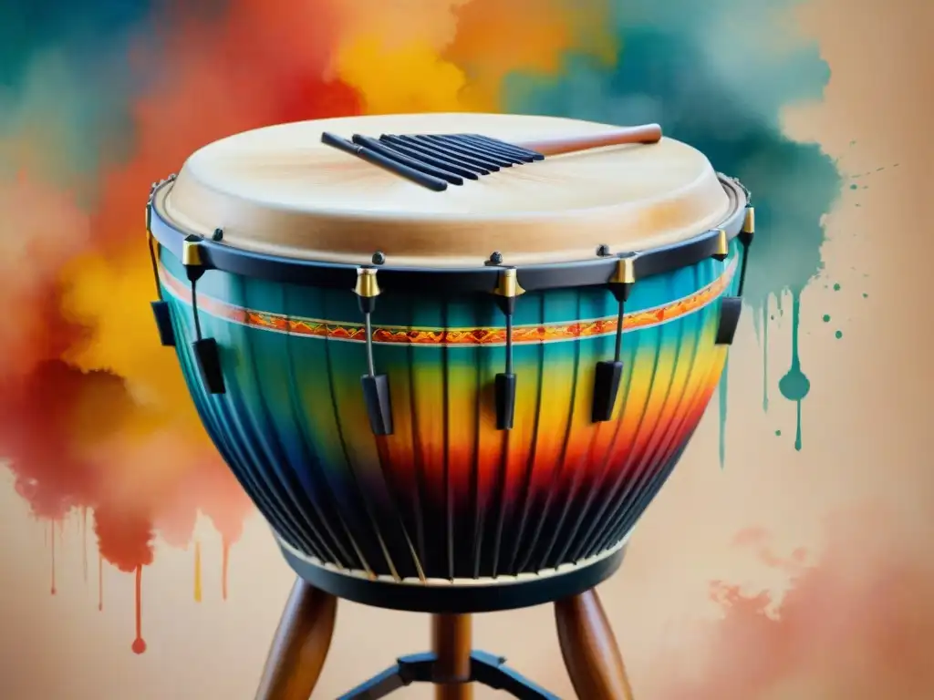 Una pintura acuarela detallada de un Tambor Piano, instrumento raro en el Candombe, con colores vibrantes y patrones energéticos