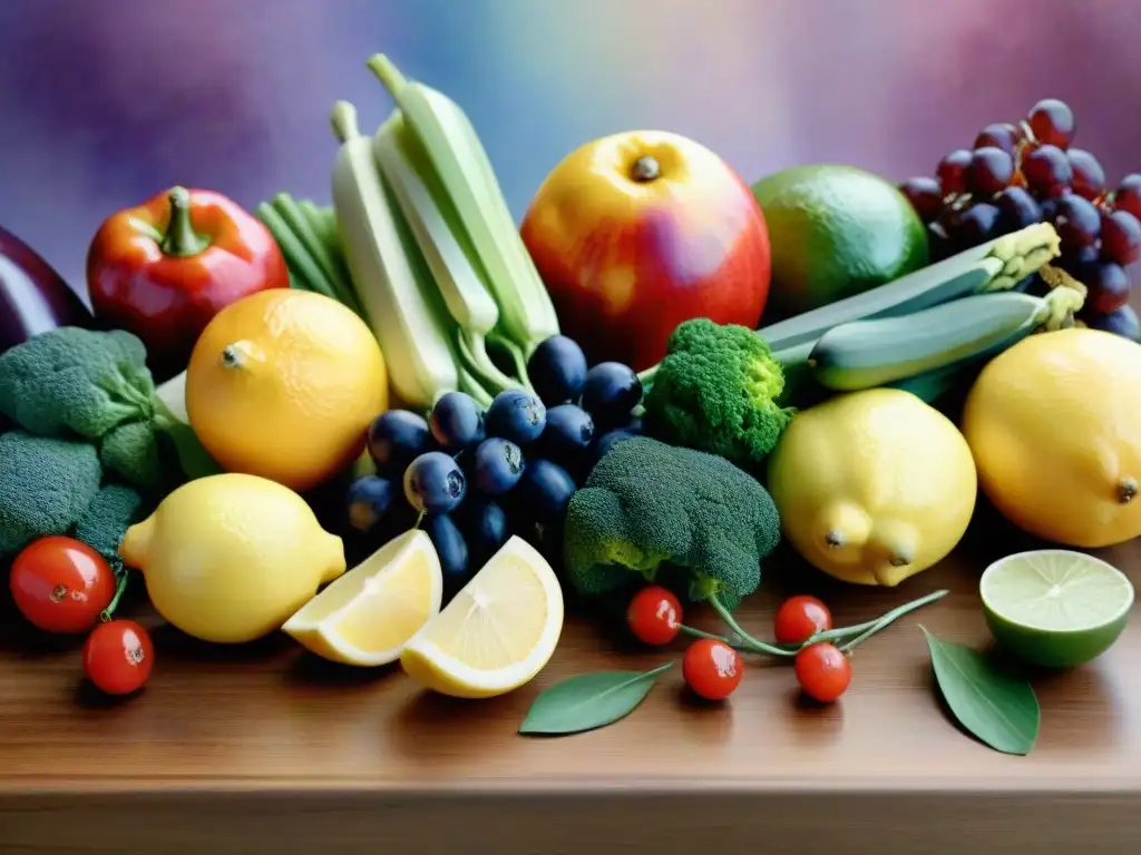 Una pintura acuarela detallada con una variedad vibrante de alimentos nutritivos en una mesa de madera