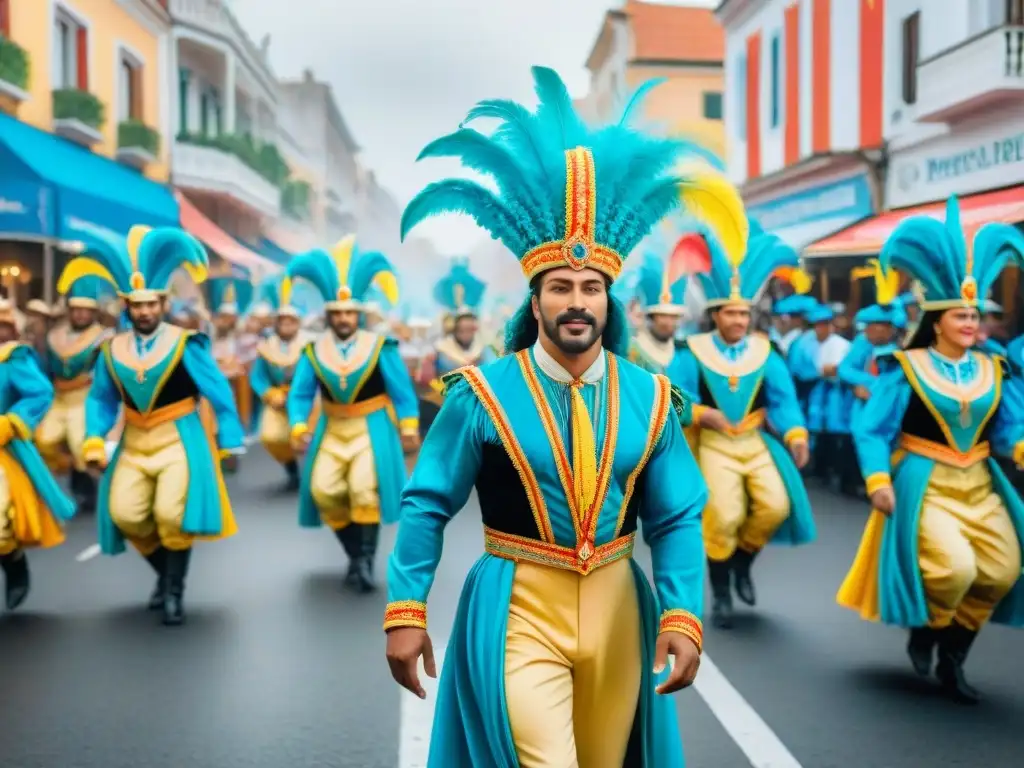 Una pintura acuarela detallada de un vibrante desfile de Carnaval en Uruguay, con trajes elaborados, instrumentos musicales y bailarines alegres