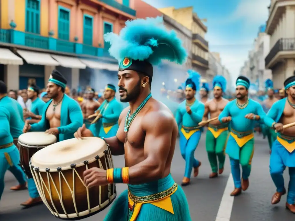 Una pintura acuarela detallada de un vibrante desfile de Candombe en Montevideo, Uruguay