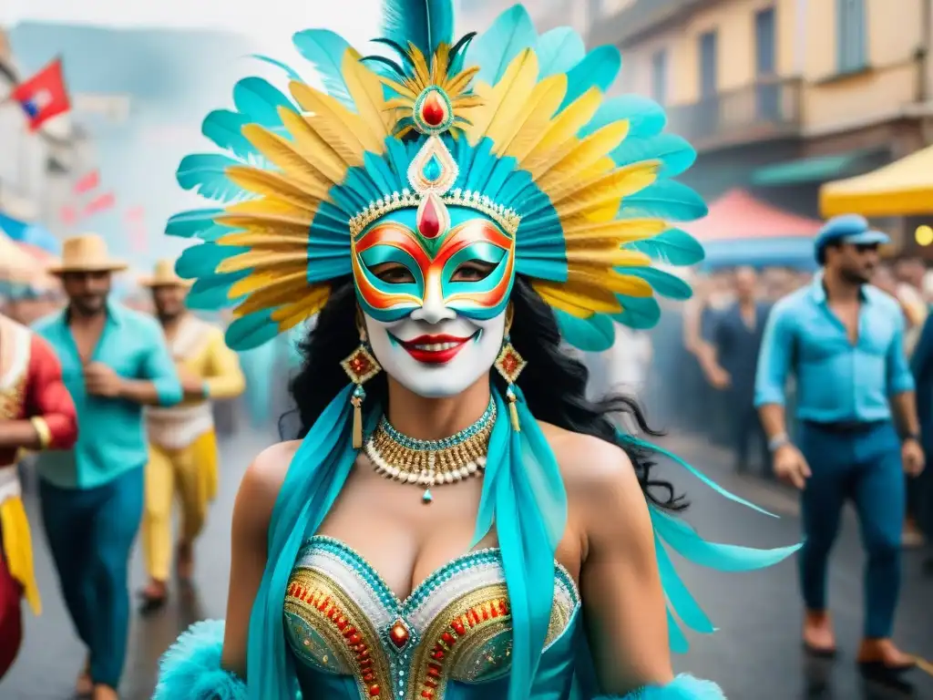 Una pintura de acuarela detallada del vibrante desfile de Carnaval en Uruguay, capturando la rica herencia cultural y la alegría festiva