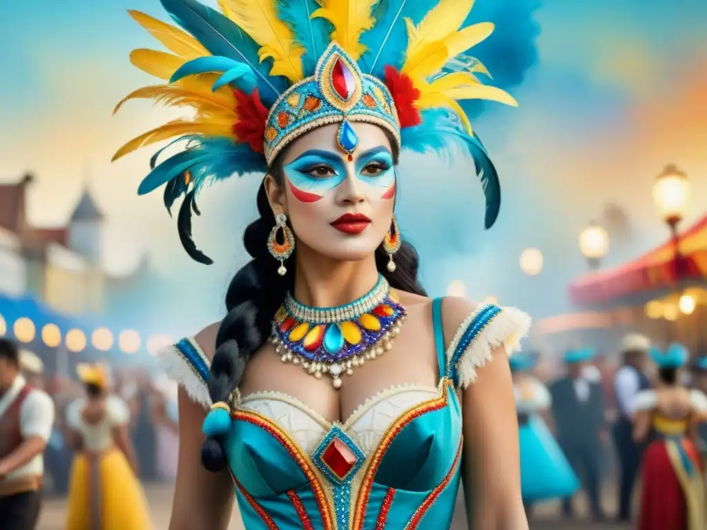 Una pintura acuarela detallada de un vibrante y elaborado traje de carnaval histórico de Uruguay, resaltando la rica herencia cultural y la artesanía