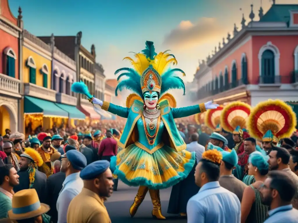Pintura acuarela del vibrante desfile de Carnaval Una pintura acuarela detallada de un vibrante desfile de Carnaval con carrozas y bailarines coloridos, transmitiendo energía festiva