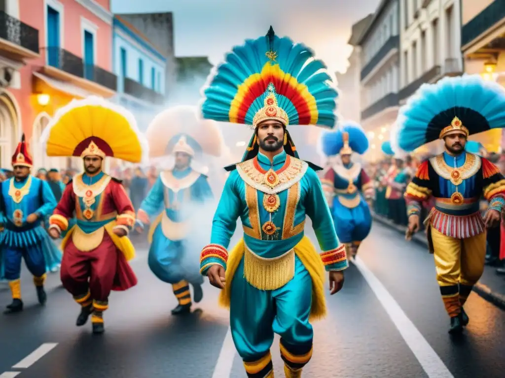 Una pintura de acuarela detallada del vibrante Carnaval en Uruguay, preservando su riqueza cultural