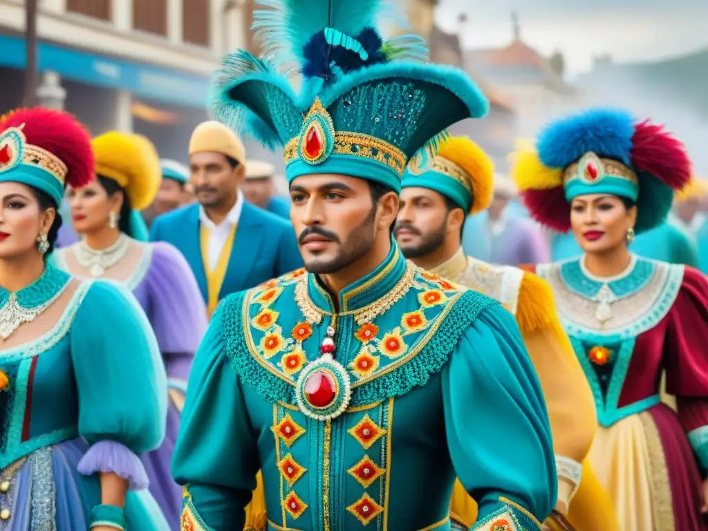 Una pintura de acuarela detallada de vibrantes trajes del Carnaval Uruguayo