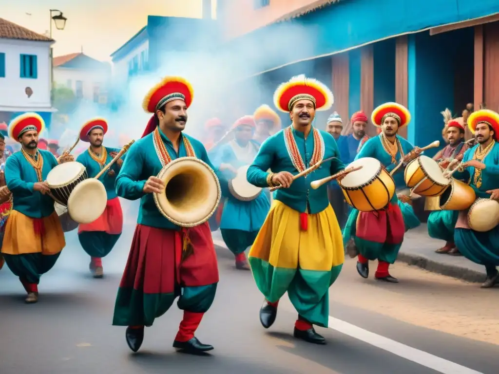 Una pintura acuarela detallada de vibrantes instrumentos de la murga Uruguay en una actuación festiva