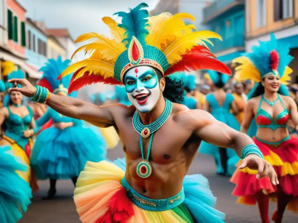 Una pintura acuarela detalla a Jaime Roos en escenario rodeado de bailarines y colores del Carnaval Uruguayo, resaltando su trayectoria