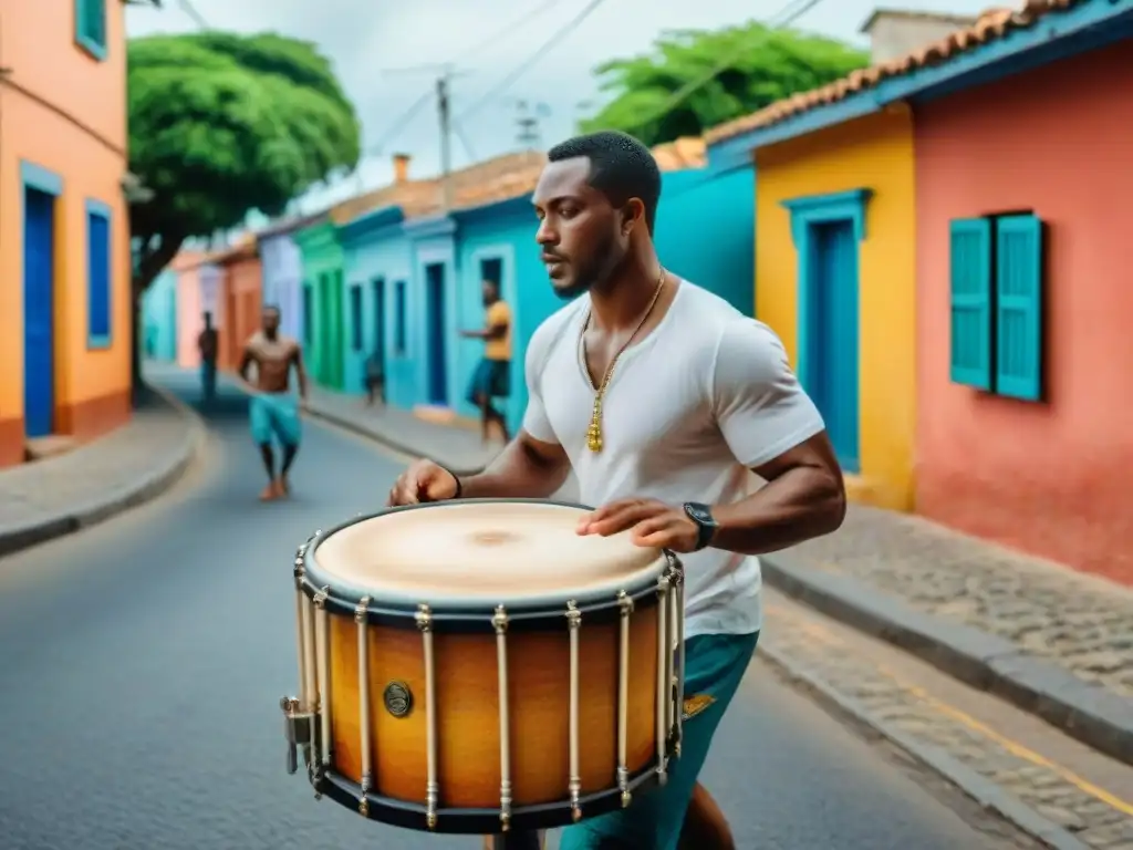 Pintura acuarela de esclavos africanos tocando tambores en calles de Uruguay, rodeados de casas coloridas y vegetación exuberante