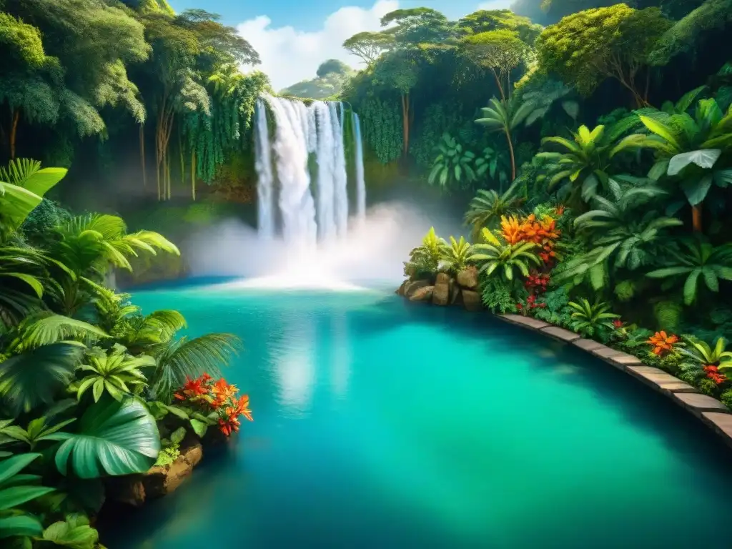 Selva tropical: cascada serena y exótica flora Pintura acuarela de exuberante selva tropical con cascada serena y flores exóticas, ideal para retiros de bienestar durante Carnaval