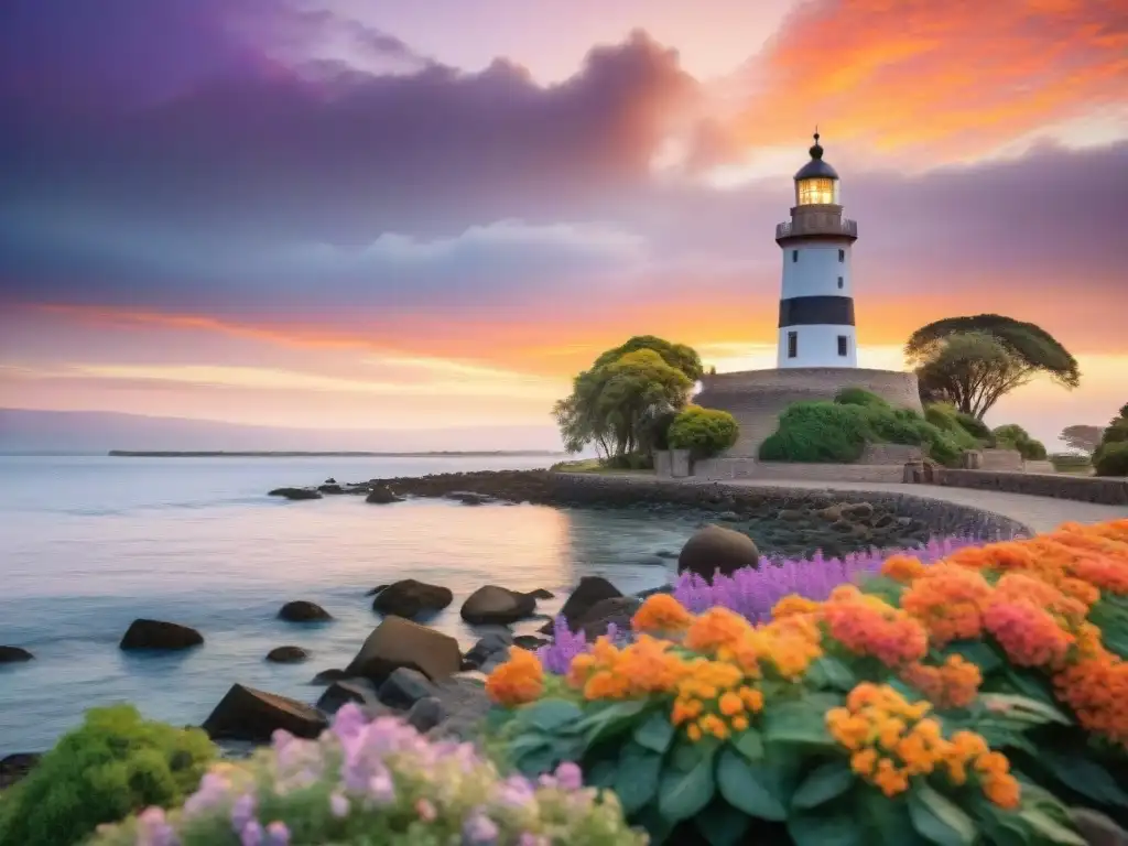 Pintura acuarela del icónico faro de Colonia del Sacramento, Uruguay, en un atardecer colorido