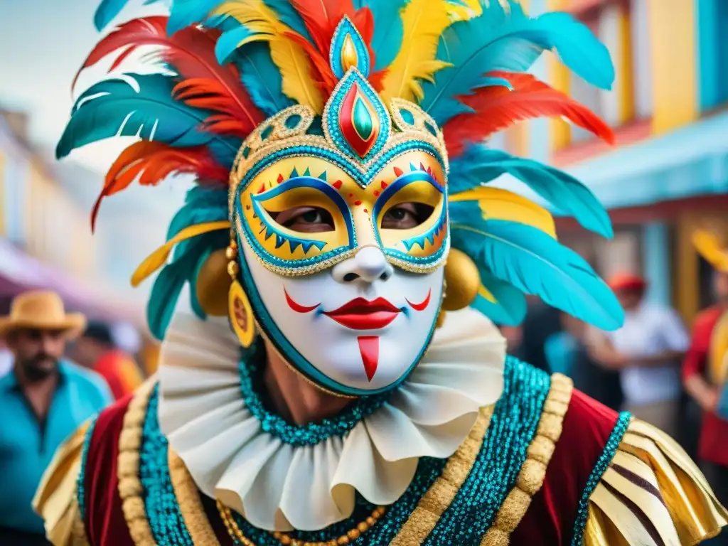 Una pintura acuarela detalla máscaras vibrantes del Carnaval Uruguayo, con miradas expresivas que cuentan historias de celebración y alegría