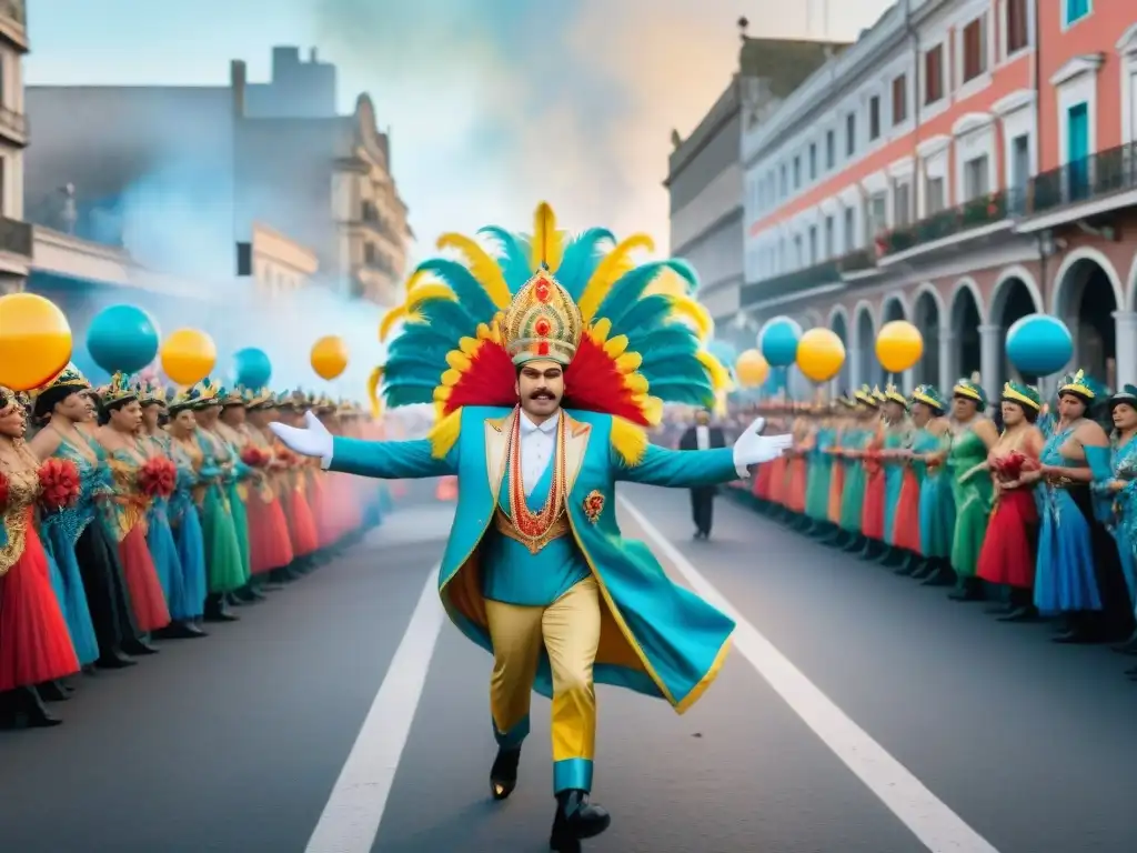 Una pintura acuarela ultradetallada de un vibrante desfile de Carnaval en Uruguay, mostrando la evolución de las celebraciones