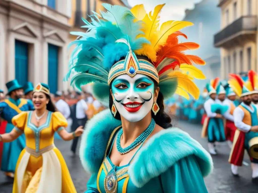 Una pintura acuarela vibrante que representa un animado desfile de Carnaval en Uruguay, mostrando coloridos trajes, instrumentos musicales tradicionales y bailarines alegres con maquillaje facial intrincado, frente a edificios coloniales históricos