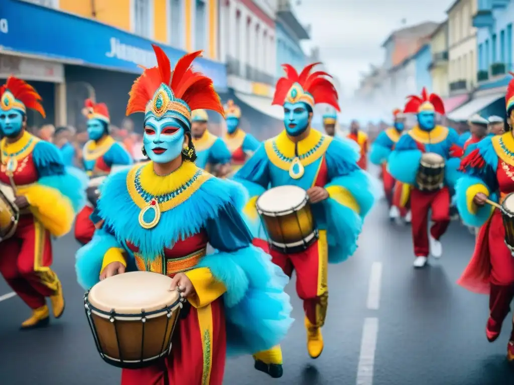 Una pintura acuarela vibrante que retrata un animado desfile de Carnaval en Uruguay