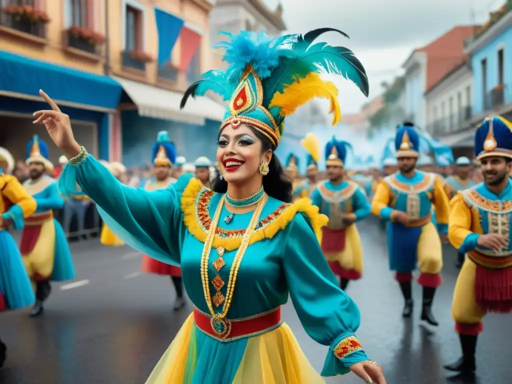 Pintura acuarela del vibrante Carnaval Uruguayo con bailarines y música, banderas y confeti