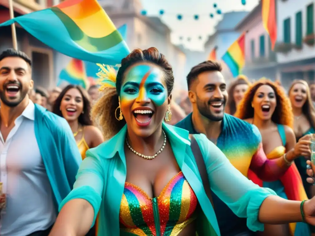 Una pintura acuarela vibrante y colorida de la comunidad LGBTQ+ en Carnaval Uruguayo, celebrando juntos con alegría y diversidad