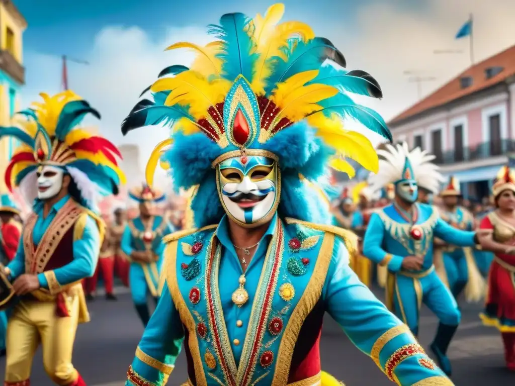 Carnaval en Uruguay: Desfile colorido y festivo Una pintura acuarela detalla un vibrante desfile de Carnaval en Uruguay, con gente bailando en trajes coloridos y máscaras tradicionales